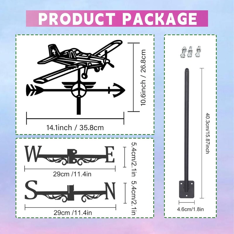 BEUNITONE Airplane Weathervane 26' Height Black Metal Wind Sculpture Roof Garden Art Decor Farmhouse Durable Decorative Stake Waterproof Weathervane Garden Decor - Image 2
